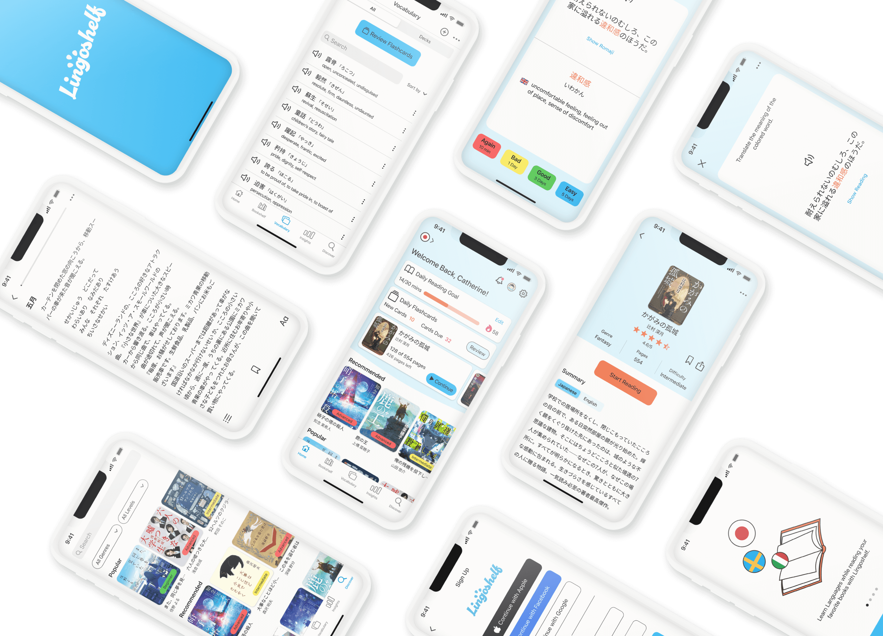 A variety of mockup screens of the Lingoshelf App