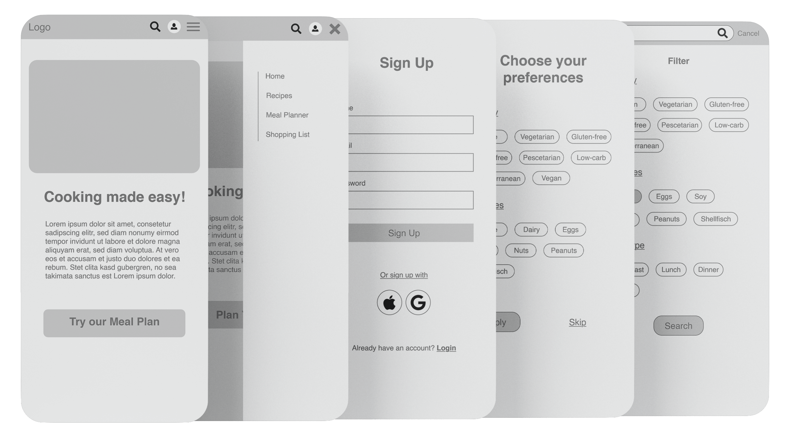 Mockups that show the low-fidelity wireframes of meal compass